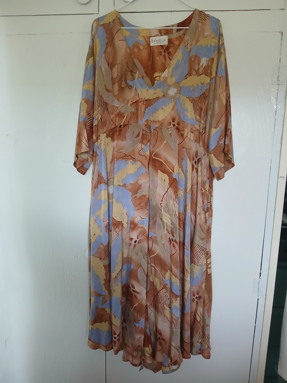 Kantha Bae Split Front V-Neck Silk Midi Dress Tunic in Brown & Blue SZ OS